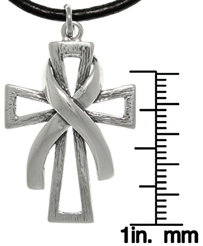 Sterling Silver Cross with Awareness Ribbon Pendant on Black Leather Necklace2