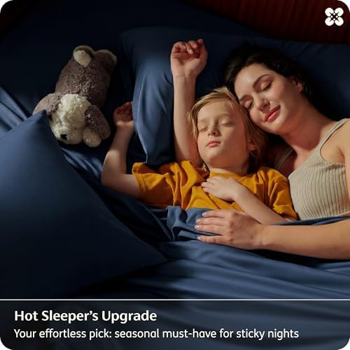 Bedsure King Size Sheets Set, Cooling Sheets for Hot Sleepers, Rayon Derived from Bamboo, PureWoven, Breathable & Soft, Deep Pocket Up to 16 Inches, Hotel Luxury Silky Bedding, Navy