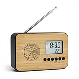 MIJOMA Digitaler Radio-Wecker mit Holzfront – FM-Radio, Alarm, Thermometer & LCD-Display – Batteriebetriebener Wecker mit Naturdesign (Schwarz)