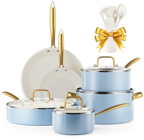 Ceramic Cookware Set, VONIKI 16 Pcs Pots and Pans Set Non Stick, Kitchen Cookware Sets with Cooking Utensils Set, Non Toxic Cookware Set White Gold Pan Set for Cooking Pot Oven & Dishwasher Safe, Gift