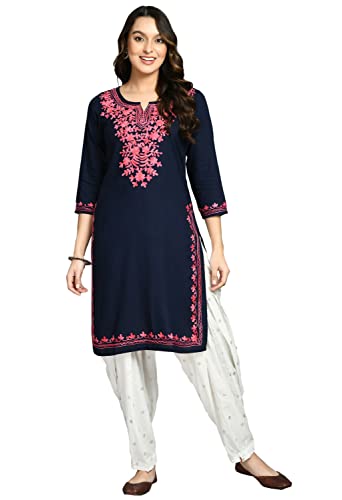 Image of QAZMI Women's Floral Aari Embroidered Viscose Rayon 3 /4 Sleeves Straight Kurta