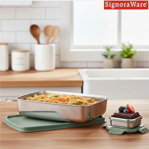 Image of SignoraWare Munch Mate Stainless Steel Lunch Box | Airtight & Leakproof | Durable & Compact | Easy to Carry | Ideal Tiffin for Office, School & Travel (550ml + 130ml | Egreen)