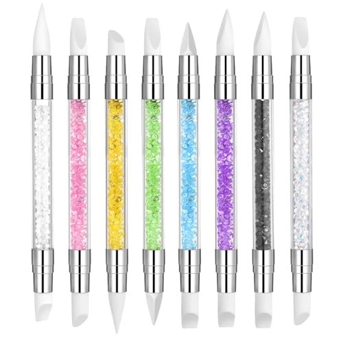 Oruola 8pcs Silicone Nail Brush,Silicone Chrome Applicator for Nails,Dual Tipped Nail Art Tool with Colored Diamond Handle,Rubber Nails Tool for Design Foil Carving Drawing Effect Shaping