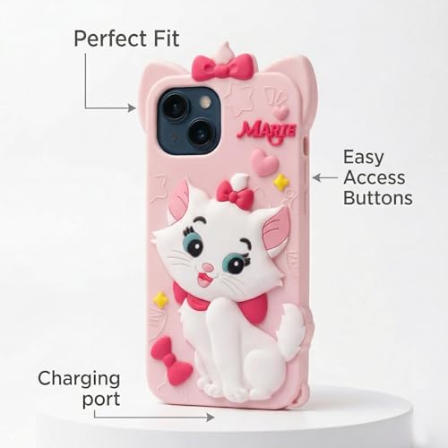 Image of amazon basics Luxury 3D Marie Cat Pink Silicone Case for iPhone 15 | Cute Cartoon Soft Back Cover | Shockproof Kawaii Designer Cover for Girls & Women