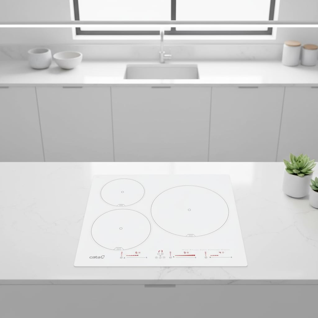 CATA Placa Inducción IB 6003 E2 WH, 3 Areas Cocción, Control Tactil Deslizante, 9 Niveles Potencia Regulable, Bloqueo Seguridad, Temporizador, Detección Recipientes, Bisel Frontal 59cm, Color Blanco