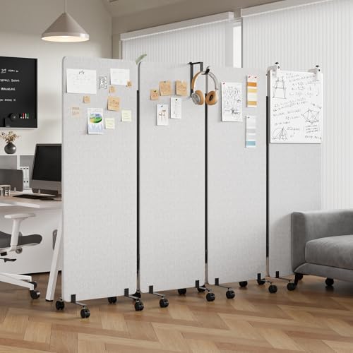 Soundproof Room Divider Privacy W/Wheels Acoustic Portable Wall Divider Sound Proof Dividers for Office Partitions, 66” Privacy Panel with Detachable Whiteboards,Clips,Hooks & Pushpins 4-Panel