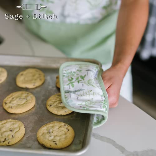 Sage+Stitch Heat Resistant Designer Pot Holders With Hand Pockets And Hanging Loops | Set Of 2 100% Cotton Dual Function Kitchen Pot Holders And Trivets | 7'' X 9'' | Green Herbs #TOP5