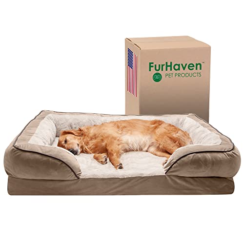 Furhaven Cooling Gel Dog Bed for Large Dogs w/ Removable Bolsters & Washable Cover, For Dogs Up to 95 lbs - Plush & Velvet Waves Perfect Comfort Sofa - Brownstone, Jumbo/XL