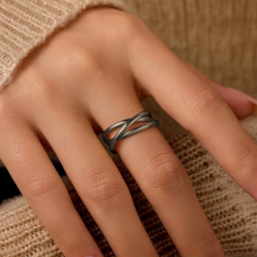18K Gold Plated Interlocking Fidget Anxiety Ring 925 Sterling Silver Stackble Rings for Women Spinner Ring Minimalist Trendy Triple Knuckle Rings Jewelry Birthday Graduation Gifts (Black, 12) by AIBELOPY - Image 5