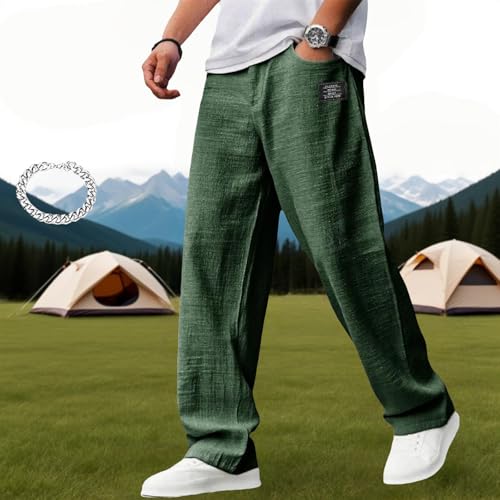 Mens Cotton and Linen Pants Fall Casual Hemp Fabric Embroidered Logo Loose Elastic Waist with Pocket Trousers3