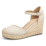 mysoft Women's Platform Espadrille Wedge Sandals Closed Toe Buckle Ankle Strap Comfortable Summer Shoes Beige size 7.5