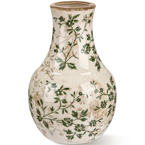 LemonRoad Vintage Ceramic Flower Vase 5.7 Inch Chinoiserie Ice Cracked Glaze Porcelain Vase Rustic Ceramic Large Centerpieces for Home Table Living Room Bookshelf Office(Floral Style)