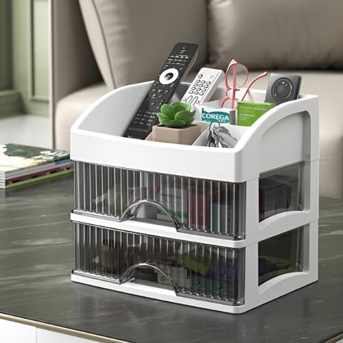 Image of HoopVool Desk Makeup Organizer, White 2-Layer Plastic Storage Box with Sliding Drawer, Stylish Display Case for Cosmetics, Lotion, Nail Polish, Brushes, and Jewelry