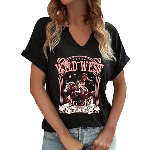 T-shirt pour femmes avec imprimé "Wild West Cowgirls" - T-shirt décontracté à col en V de style western | Haut vintage avec motif de rodéo, M