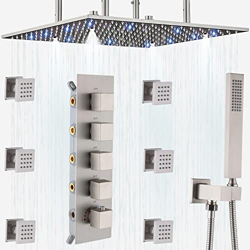 Ayivg Brushed Nickel Rainfall Shower Jets System Ceiling Mounted Full Body Shower Faucets System Led 16" Large Dual Function Shower Head With 6 Body Jets And Handheld Thermostatic Shower System #TOP10