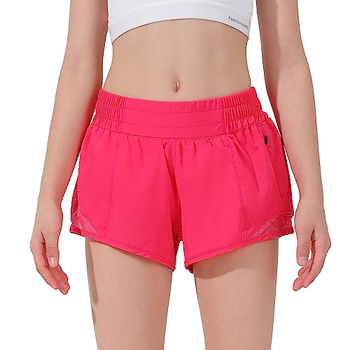 Aurefin Girls Athletic Shorts, Lightweight Running Shorts for Teen Girls Kids Sports Active Shorts with Zip Pocket and Elastic Hot Pink/XS