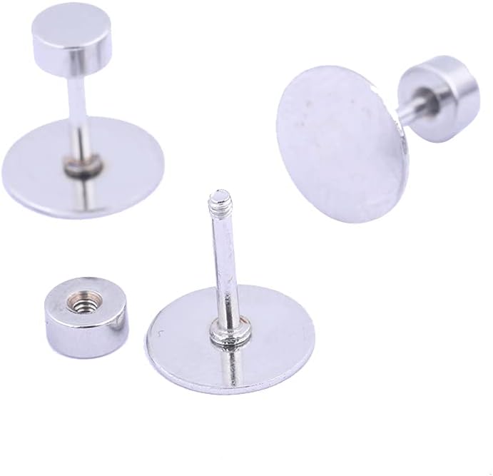 80pcs Stainless Steel Screw Back Earring Posts 8mm Pad Flat Bezel Blanks DIY Studs for Jewelry Making Supplies