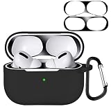 ROVIAL 対応 AirPods Pro2 / AirPods Pro ケース 【ダストガード付き（ブラック）】 Airpods Pro 第2世代 ケース 液状シリコン製 全面保護 落下防止 キズ防止 耐衝撃 防塵 軽量 装着充電可能 LED可視 カラビナ付き エアーポッズプロ2 カバー(ブラック）