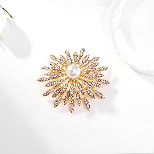 Image of 14K Gold Plated Flower Brooch Pin for Women Girls Simulated Pearl Rhinestone Floral Pin Clip Lapel Sweater Scarves Dress Suit Jackets Collar Corsage Brooches Pins Delicate Decoration Jewelry Gifts