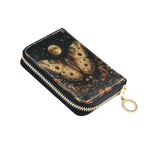 Butterfly Moon RFID Credit Card Holder Leather With Zipper Card Case Wallet for Women Girls