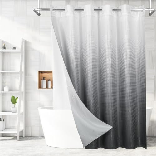 Image of HOMETHREADS Embrace Luxury with Our 6-Feet Long Premium Polyester Shower Curtain with 12 Hooks for a Lavish Bathroom Ambiance | Stylish, Splendid, and Perfectly Sized (White Shade Grey, 180x200cm)