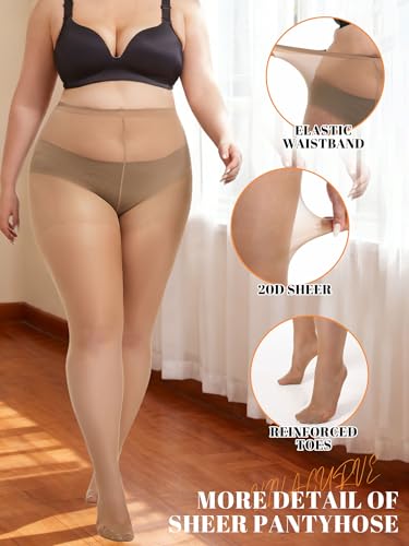 Image of Plus Size Sheer Tights for Women 20D Control Top Pantyhose Soft Stockings with Reinforced Toes 2 Pairs