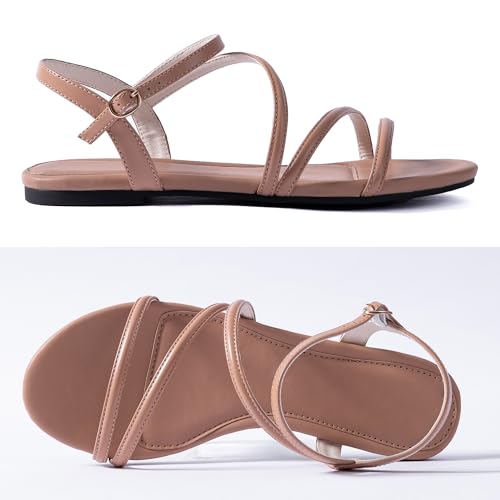 Image of Mtzyoa Women Flat Sandals Dressy Strappy Gladiator Summer Ankle Strap Nude Open Toe Comfortable Wedding Casual Leather Ladies Party Trendy Vacation