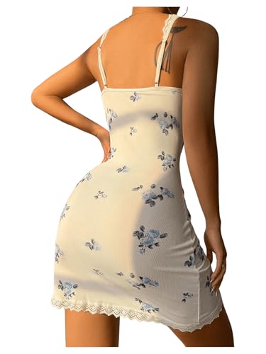 SHENHE Women's Ribbed Deep V Neck Floral Print Lace Trim Sexy Nightgown Chemise Slip Dress2