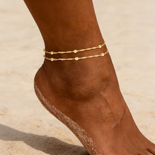 Treasure Bender Gold Ankle Bracelets for Women - 14K Gold Plated Layered Anklet Bracelet Singapore Chain Ankle Bracelets Layered Anklet Bracelet Waterproof Summer Jewelry for Women by Treasure Bender - Used condition - Image 2