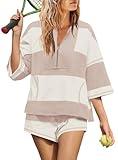 Yanekop Womens 2 Piece Outfits Summer Striped Workout Set Oversized Matching Lounge Sets Quarter Zip Shirt and Shorts(Beige Pink,S)