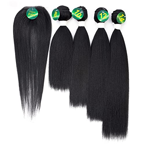 Pop Ice Synthetic Kinny Straight Hair Weft Natural Color Hair 8-14inch 4+1pcs/Pack 200g Yaki Bundles With Free Closure, black