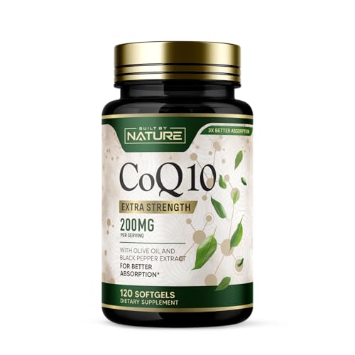 Built by Nature CoQ10 200 mg – Coenzyme Q10 with Olive Oil and Black Pepper for High Absorption – Supports Heart Health & Energy – Antioxidant Supplement– 2 Month Supply, 120 Softgels