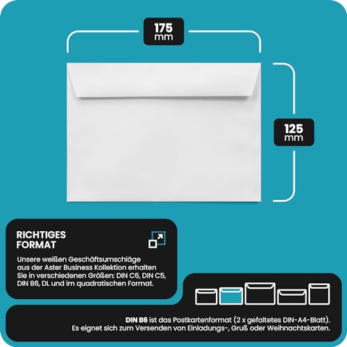 Netuno 50 Umschläge Weiß DIN B6 125 x 175 mm 100g Aster Business Briefumschläge ohne Fenster B6 haftklebend Geschäftsumschläge Premium Papier Umschläge b6 weiß Briefkuverts weiße Briefhüllen elegant