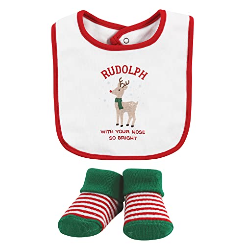 Image of Hudson Baby Unisex Baby Cotton Bib and Sock Set, Rudolph, One Size