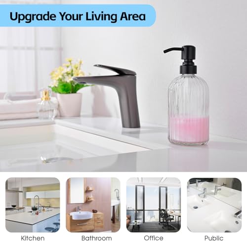 Image of 16Oz Bathroom Glass Soap Dispenser with Black Rust Proof Pump,Premium Kitchen Soap Dispenser with Vertical Stripe, Lotion Dish Dispenser for Modern Home Decor, Countertop, Hotel