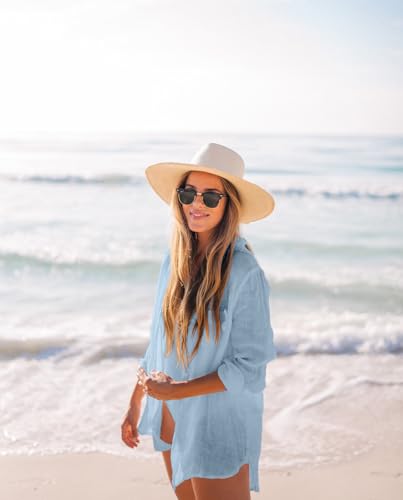 Image of Zoye Chen Women's Bikini Swimsuit Cover Up Button Down V Neck Shirts Long Sleeve Blouse Beachwear Bathing Suit