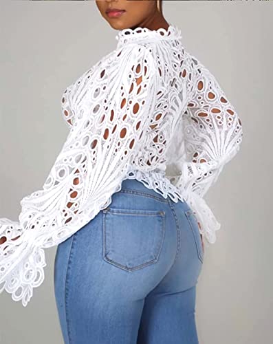 Womens Sexy Lace Long Sleeve Ruffled Tops Cute Puff Flare Blouses V Neck Hollow Out Button Down Shirt Tunic2