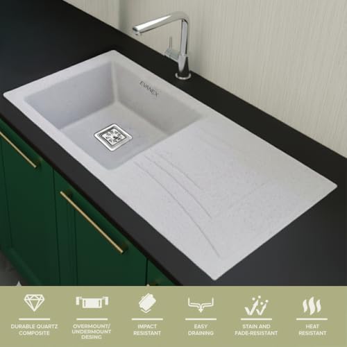 Image of EVANEX Quartz Sink for Kitchen|36x18x9 inch Kitchen Sink with Drain Board|Granite Sink for Kitchen Basin|Rosa Quartz Kitchen Sink with Connector, Waste Pipe, Coupling and Drain Basket