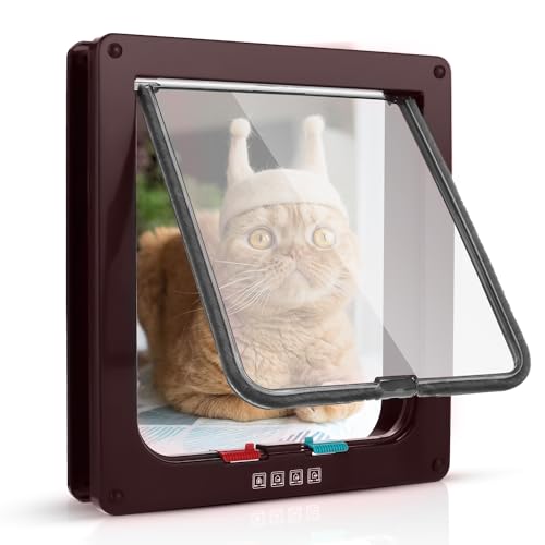 Sailnovo Puerta de Gato (tamaño Exterior 19 x 20 x 5,5 cm), Puerta para Gatos con 4 bloqueos para Puertas Interiores y Exteriores, Resistente a la Intemperie, para Gatos y Perros, Color marrón