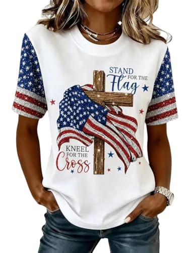 Womens Independence Day Faith Flag Print Crew Neck T-Shirt Stand for The Flag Kneel for The Cross for Women