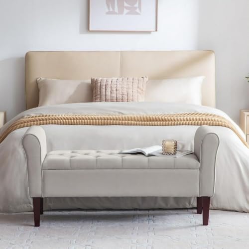 Image of Tufted Storage Ottoman Bench with Rolled Arms, Light Grey | Storage Ottoman bench
