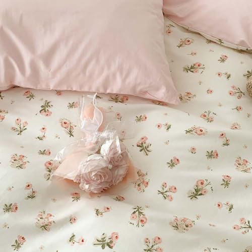 Image of Nayoroom Pink Floral Duvet Cover Queen Size Reversible Green Botanical Leaf Printed on White Spring Comforter Cover 3Pcs Soft Microfiber Aesthetic Cottagecore Bedding Set Gift for Women Girls