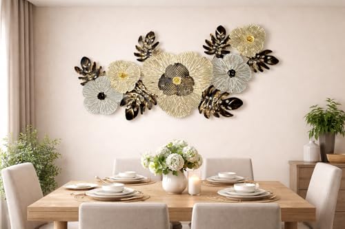 Image of F-RIQA METAL Luxury 3D Metal Wall Art - Golden & BLACK Floral Design | Modern Handcrafted Wall Sculpture for Living Room, Bedroom & Office | Iron Wall Decor Frame (42 x 20 Inch) (GOLD LEAF)