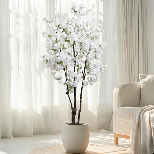 Artificial White Cherry Blossom Tree 6ft(72in) Faux Floor Green Plant for Indoor Decor Natural Potted Tree Realistic Cherry Flowers Wood Trunk for Home Living Room,Office Perfect Housewarming Gift