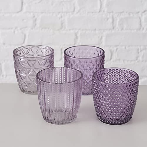 Wackadoo Windlicht Set 4-teilig, Deko-Gläser für Kerzen Teelichter, Kerzenständer, Teelichthalter ø 8 cm, deko Wohnzimmer (Lila)