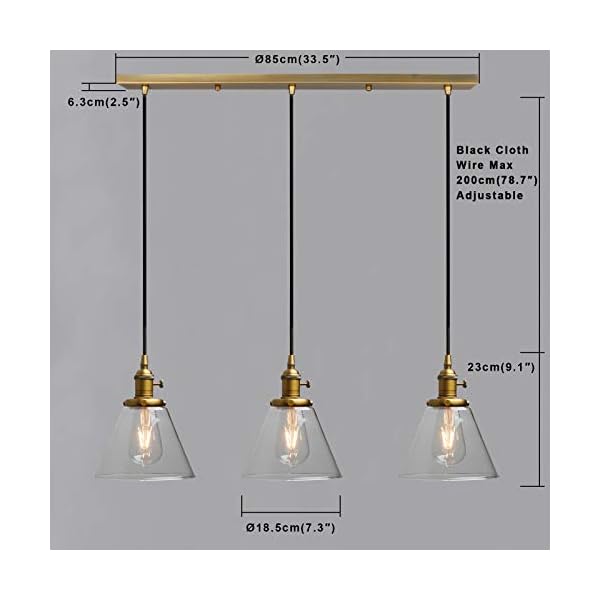 Phansthy Industrial Pendant Light Fitting with Switch 3 Light Edison Ceiling Hanging Lamp with Funnel Clear Glass Shade Cluster Chandelier Fixture Ceiling Light for Dining Room Living Room - Image 6