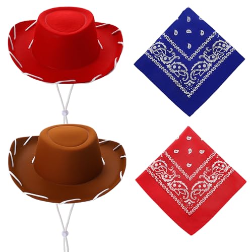 Partideal 4 Stück Cowboyhut Zubehör mit Paisley Bandanas für Kinder Westernhut Cowgirl Cowboyhüte mit verstellbarem Gurt Cowboy Partyhüte für Mottopartys Reitpferde Reisen