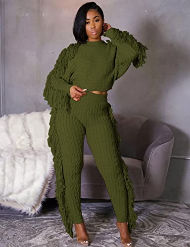 Image of KANSOON 2 Piece Sweater Set for Women Cable Knit Fringe Crop Top and Pants | Cozy feel, ribbed high waist, comfortable stretch fit for birthday and chilly going-out outfits