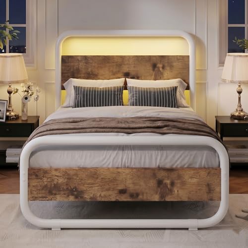 Image of Twin Bed Frames, Metal Platform Twin Bed Frame with Wood Headboard, White
