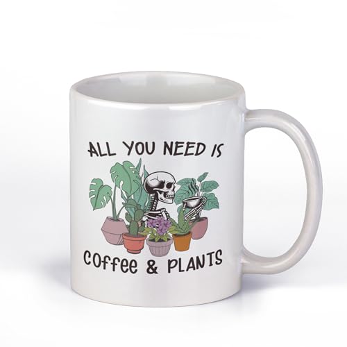 Super Lemon All You Need is Coffee and Plants Taza – Divertido diseño de esqueleto – Bonita taza de café de cerámica para amantes de las plantas y entusiastas del café – Idea de regalo única, 11 onzas